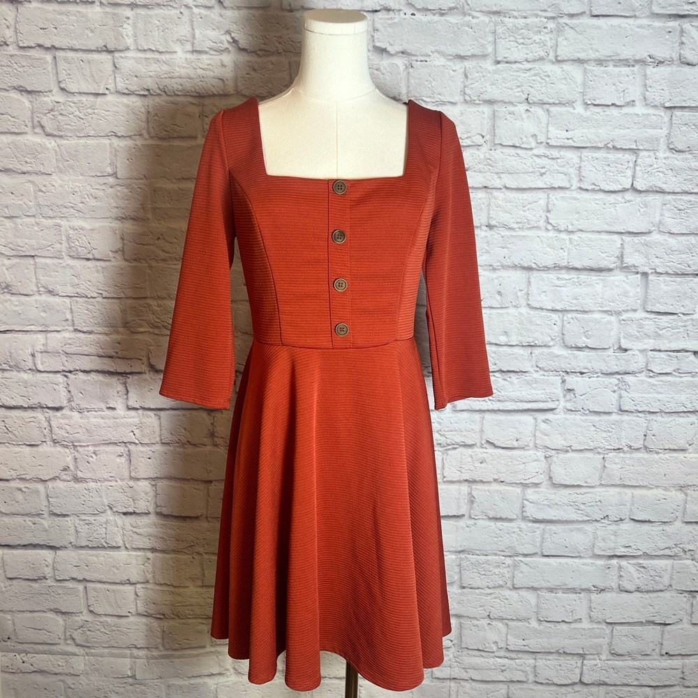 Miami Women's M Rust Square Neck Button Front Fit & Flare Dress Softcore Chic